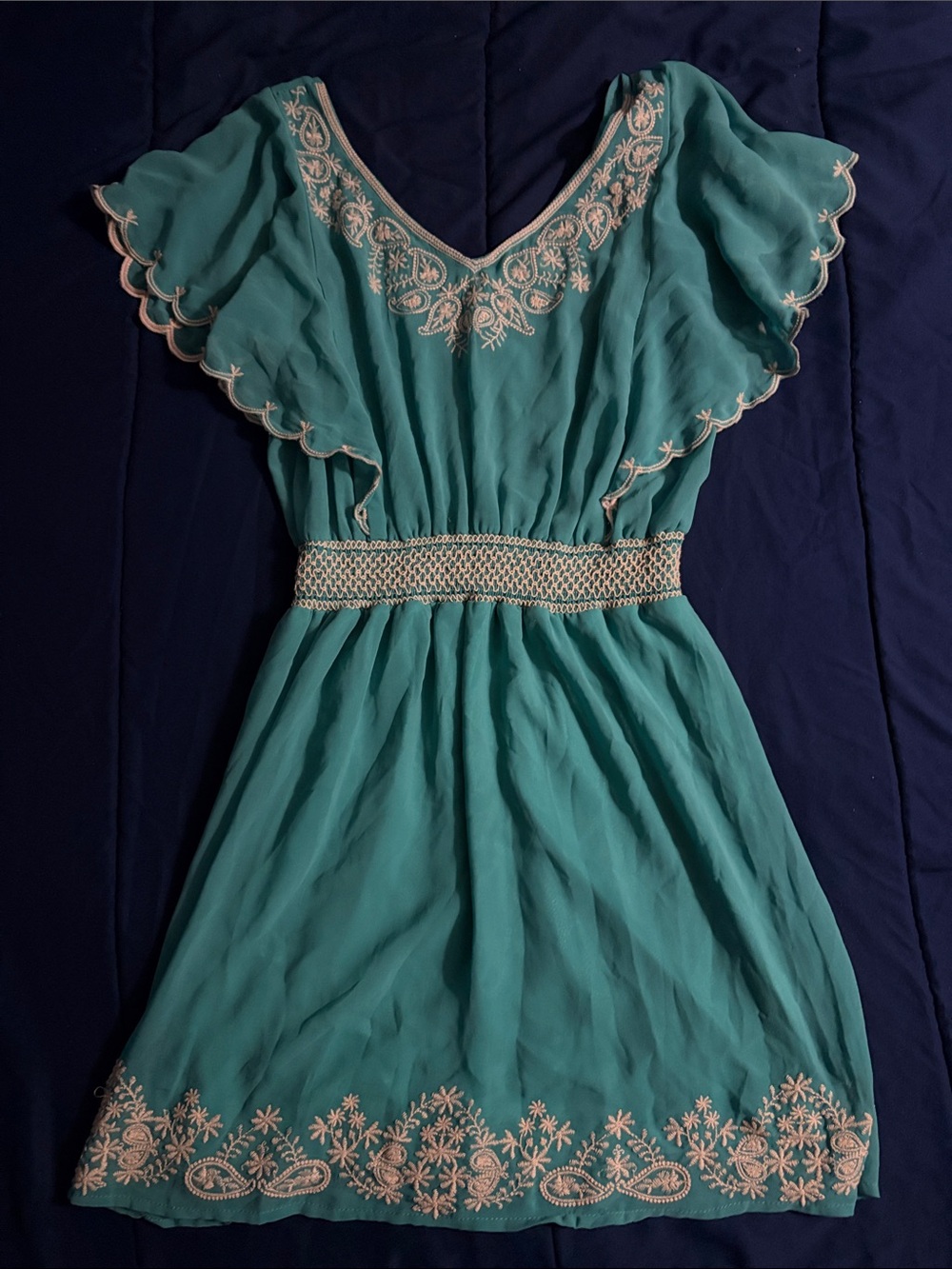 Double Zero Teal Dress with Cream Embroidery